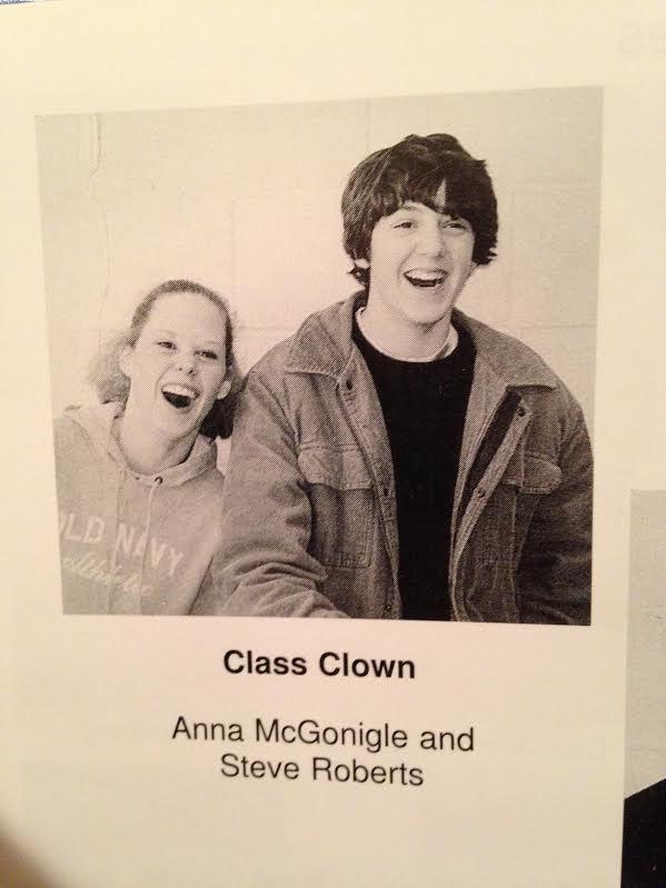 A photo of Steve and a girl laughing. The text reads: Class Clown - Anna McGonigle and Steve Roberts